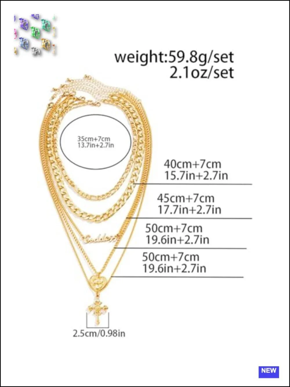 5 Pcs Chunky Layered Necklace Set Heart Locket Coin Cross Pendant Punk Hip Hop